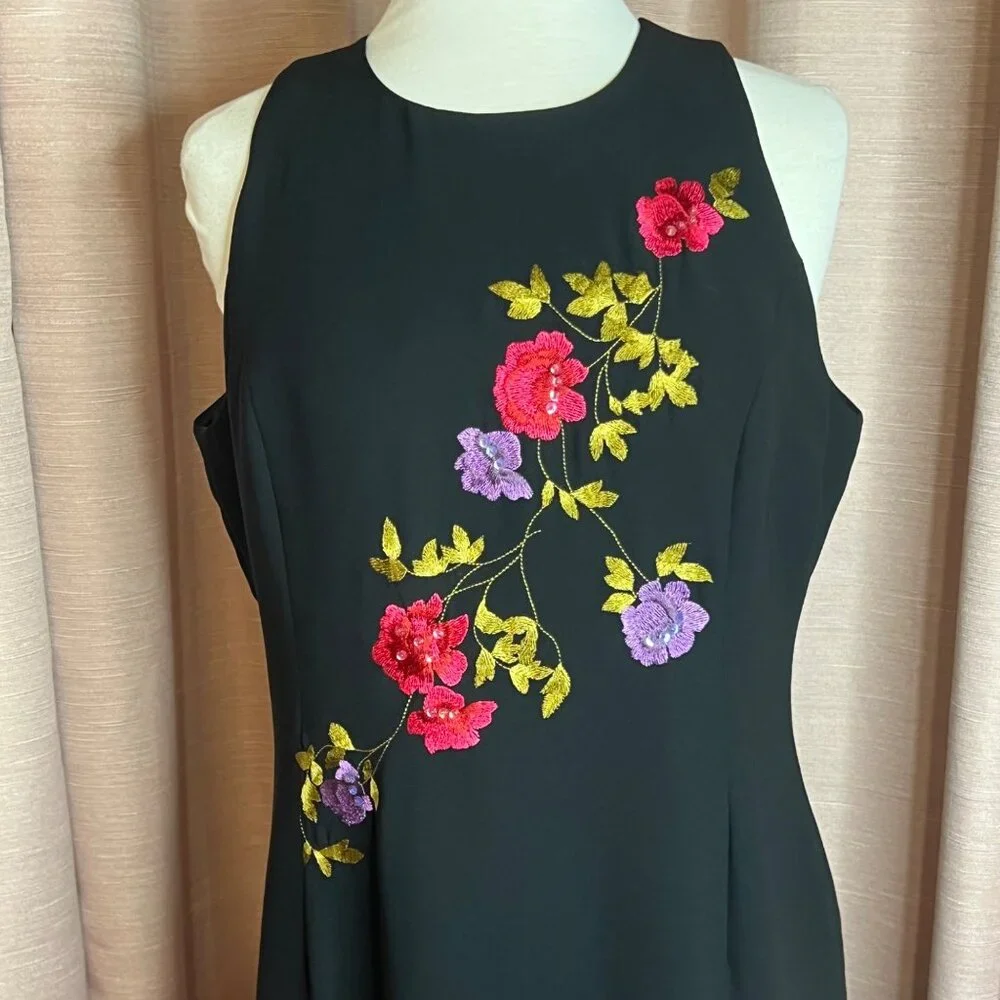 Bob Mackie Studio 14P Black Sleeveless Dress Floral Embroidery Career Formal Y2K